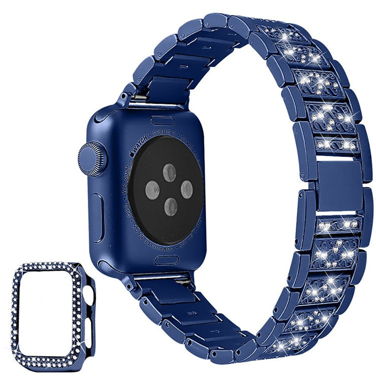 Rhinestone Decor 3 Beads Replacement Watch Strap + Anti-Scratch Double Row Rhinestone PC Watch Case Cover for Apple Watch Series 7 41mm - Blue