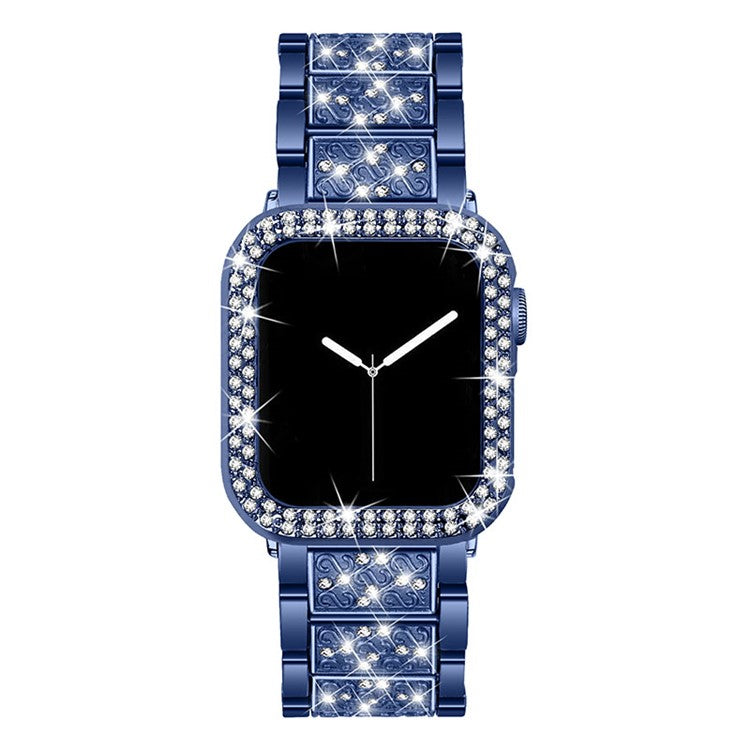 Rhinestone Decor 3 Beads Replacement Watch Strap + Anti-Scratch Double Row Rhinestone PC Watch Case Cover for Apple Watch Series 7 41mm - Blue