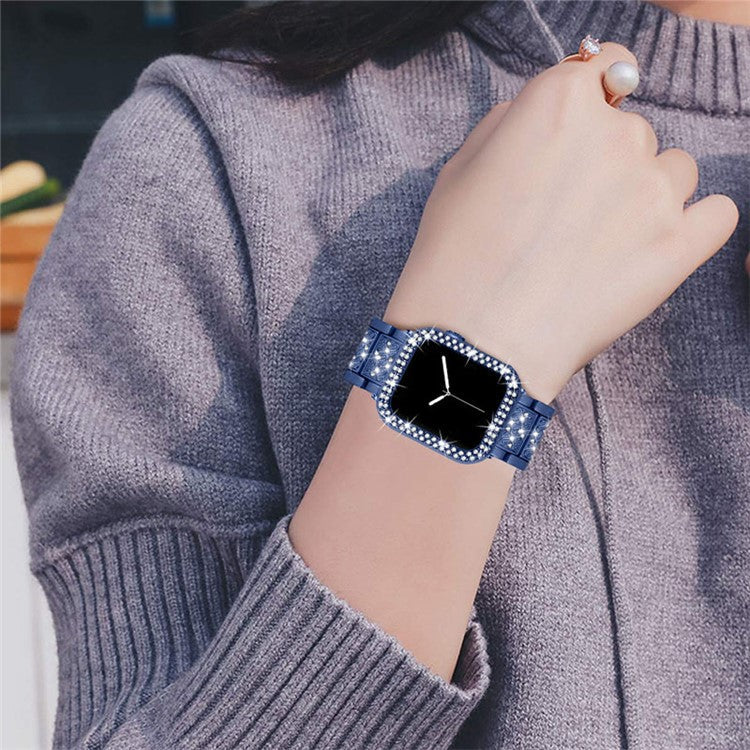 Rhinestone Decor 3 Beads Replacement Watch Strap + Anti-Scratch Double Row Rhinestone PC Watch Case Cover for Apple Watch Series 7 41mm - Blue
