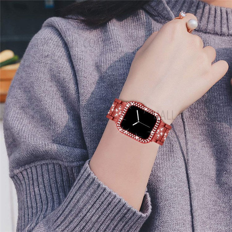 Rhinestone Decor 3 Beads Replacement Watch Strap + Anti-Scratch Double Row Rhinestone PC Watch Case Cover for Apple Watch Series 7 41mm - Red