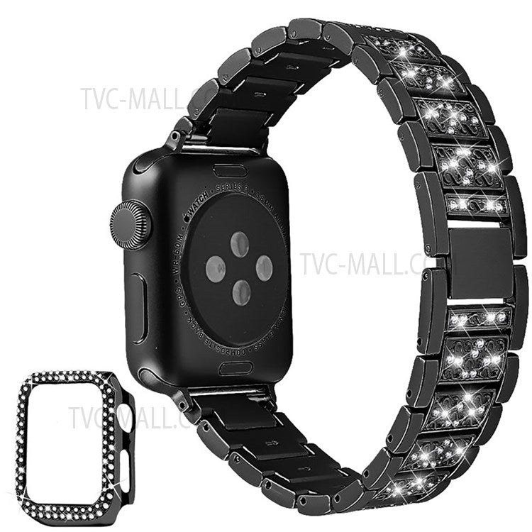 Rhinestone Decor 3 Beads Stainless Steel Watchband + Double Row Rhinestone PC Watch Case Protective Cover for Apple Watch Series 7 45mm - Black