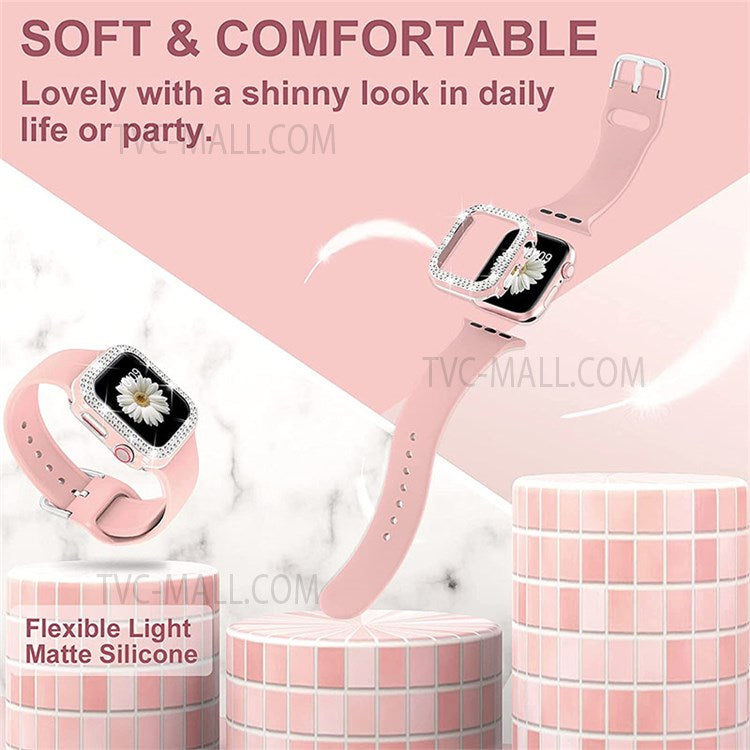 Flexible Silicone Watch Strap Smart Bracelet Band with Stylish Watch Cover Case for Apple Watch Series 1/2/3 42mm - Pink