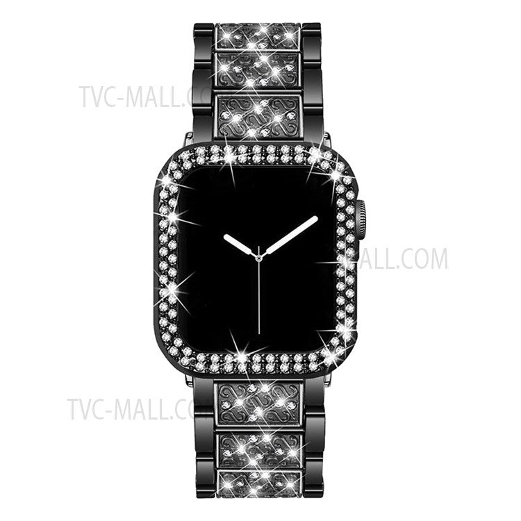 3 Beads Rhinestone Decor Replacement Watch Strap + Anti-Drop Double Row Rhinestone PC Watch Case Cover for Apple Watch Series 1 / 2 / 3 38mm - Black