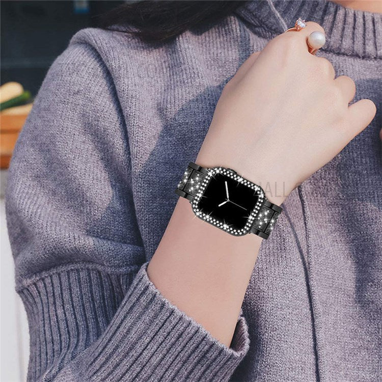 3 Beads Rhinestone Decor Replacement Watch Strap + Anti-Drop Double Row Rhinestone PC Watch Case Cover for Apple Watch Series 1 / 2 / 3 38mm - Black