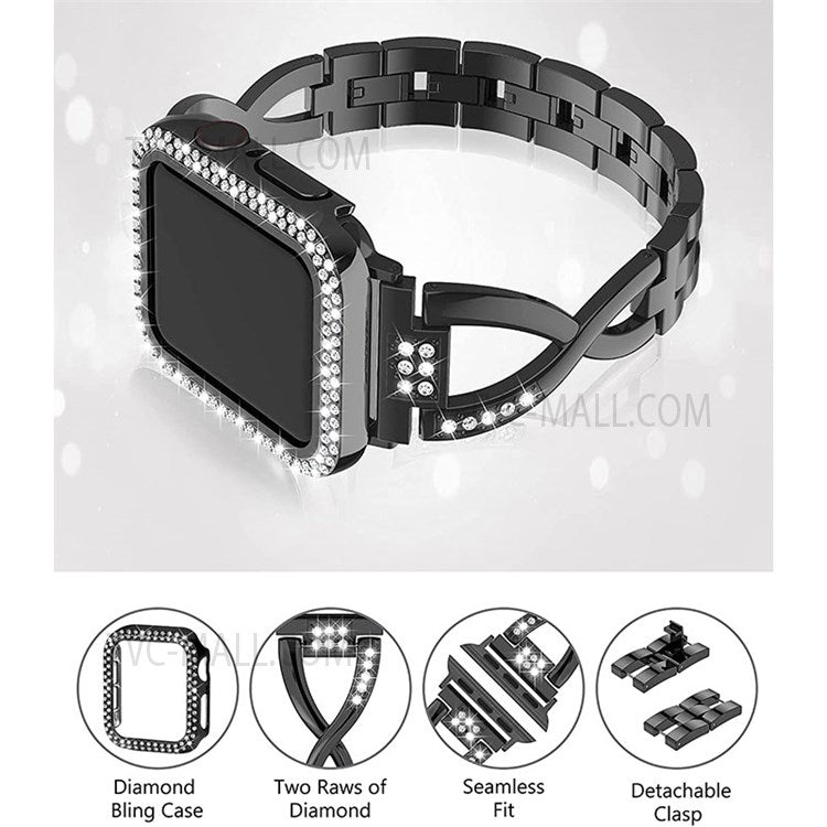 X-shape Metal Watchband + Rhinestone Decor Protective Case Scratch Resistant Replacement Watch Strap for Apple Watch Series 7 41mm - Black