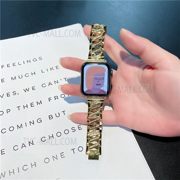 Metal Watchband X Design Rhinestone Decor Watch Band Strap Replacement for Apple Watch Series 10 46mm / Ultra 2 Ultra 49mm / 9 8 7 45mm / SE (2023) SE (2022) SE 6 5 4 44mm / 3 2 1 42mm - Gold