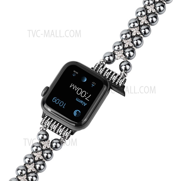 Faux Pearl Rhinestone Decor Wrist Strap Smart Watch Band Bracelet for Apple Watch Series 10 42mm / 9 8 7 41mm / 6 5 4 SE SE (2022) SE (2023) 40mm / 3 2 1 38mm - Black