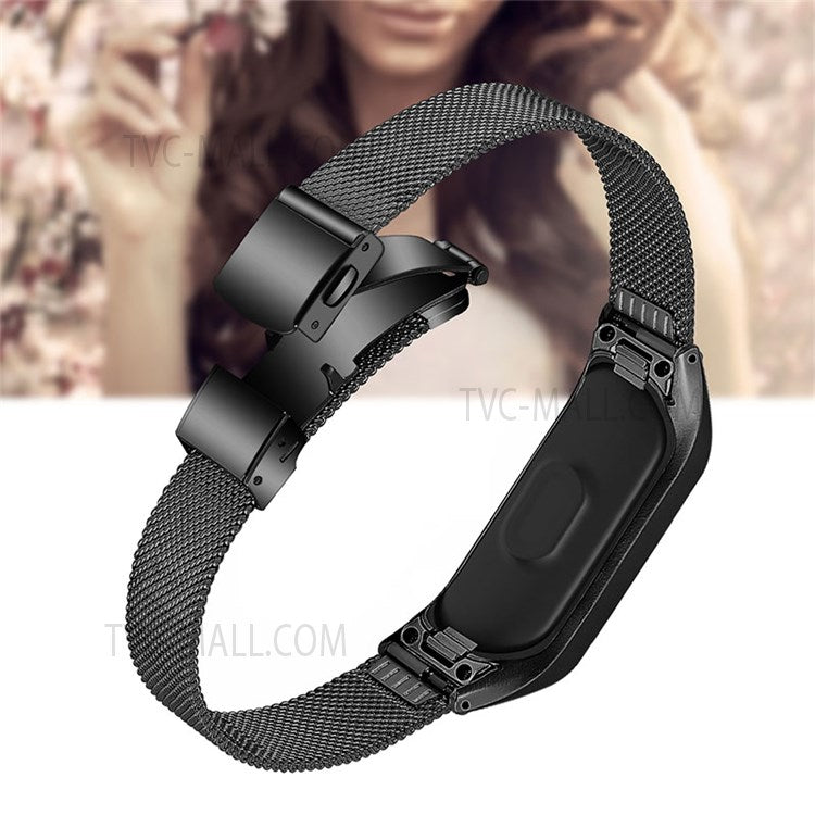 Smart Watch Strap Folding Buckle Stainless Steel Milanese Band for Xiaomi Mi Band 5 - Black