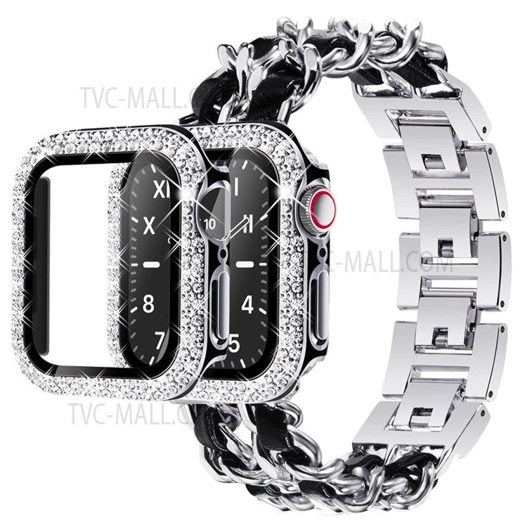 Stainless Steel + PU Leather Chain Strap with Double Row Rhinestone Drop-Proof Protective Case for Apple Watch Series 1 / 2 / 3 38mm - Silver / Black Leather