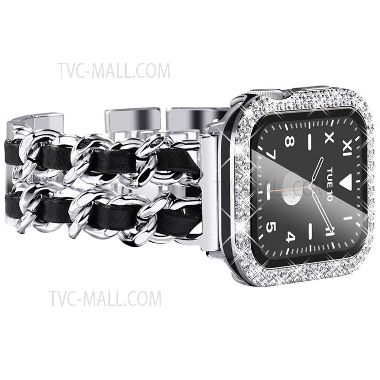 Stainless Steel + PU Leather Chain Strap with Double Row Rhinestone Drop-Proof Protective Case for Apple Watch Series 1 / 2 / 3 38mm - Silver / Black Leather