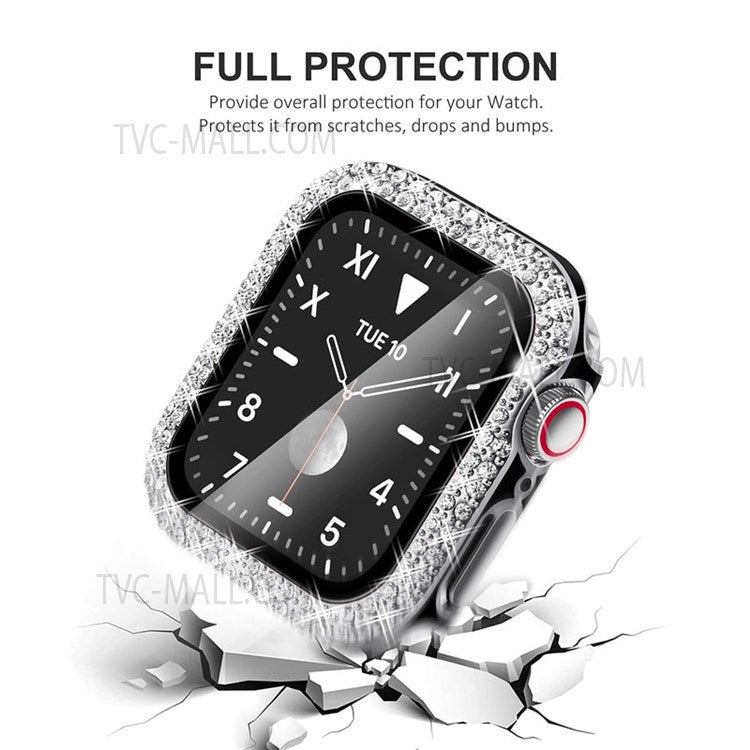 Stainless Steel + PU Leather Chain Strap with Double Row Rhinestone Drop-Proof Protective Case for Apple Watch Series 1 / 2 / 3 38mm - Silver / Black Leather