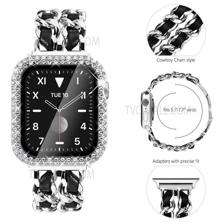 Stainless Steel + PU Leather Chain Strap with Double Row Rhinestone Drop-Proof Protective Case for Apple Watch Series 1 / 2 / 3 38mm - Silver / Black Leather