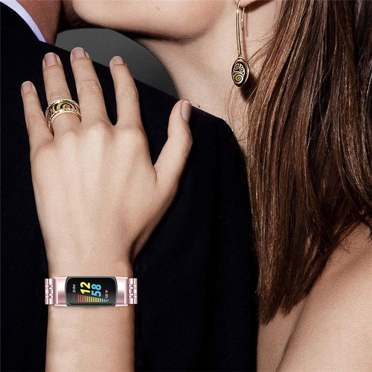 7 Beads Stainless Steel Breathable Replacement Wrist Strap Watch Band for Fitbit Charge 6 / 5 - Rose Pink