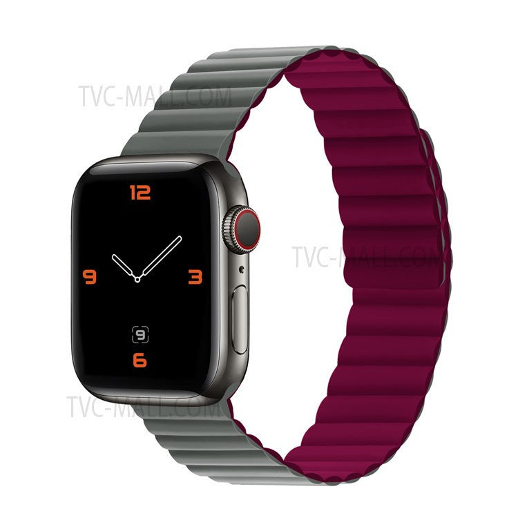 Dual Color Magnetic Silicone Watch Strap Wrist Band for Apple Watch Series 10 46mm / Ultra 2 Ultra 49mm / 9 8 7 45mm / SE (2023) SE (2022) SE 6 5 4 44mm / 3 2 1 42mm - Grey / Wine Red