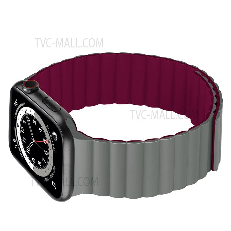 Dual Color Magnetic Silicone Watch Strap Wrist Band for Apple Watch Series 10 46mm / Ultra 2 Ultra 49mm / 9 8 7 45mm / SE (2023) SE (2022) SE 6 5 4 44mm / 3 2 1 42mm - Grey / Wine Red