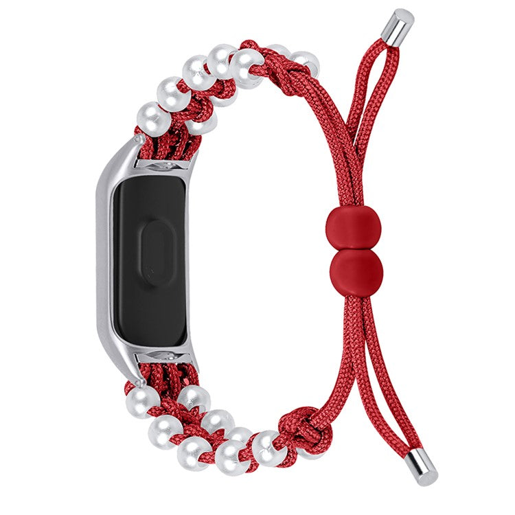 Pearl Decor Adjustable Braided Rope Wrist Strap Replacement Watchband for Xiaomi Mi Band 3/4 - Red
