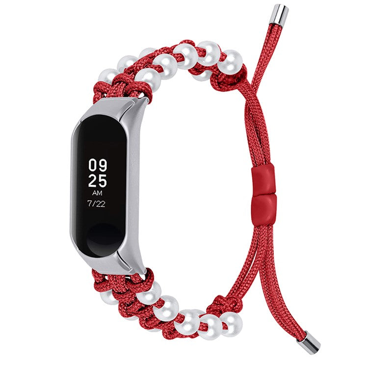 Pearl Decor Adjustable Braided Rope Wrist Strap Replacement Watchband for Xiaomi Mi Band 3/4 - Red