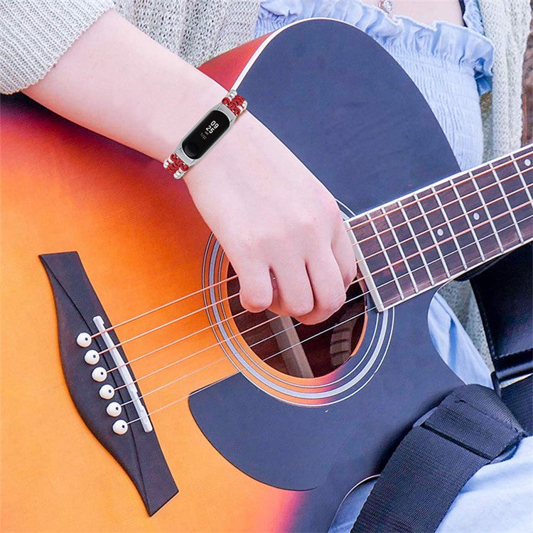 Pearl Decor Adjustable Braided Rope Wrist Strap Replacement Watchband for Xiaomi Mi Band 3/4 - Red