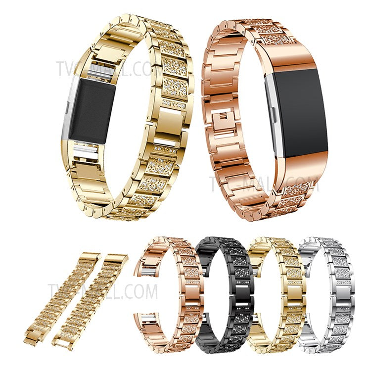 Three Beads Rhinestones Decor Metal Wrist Strap Replacement Watchband for Fitbit Charge 2/Charge 2 HR - Black