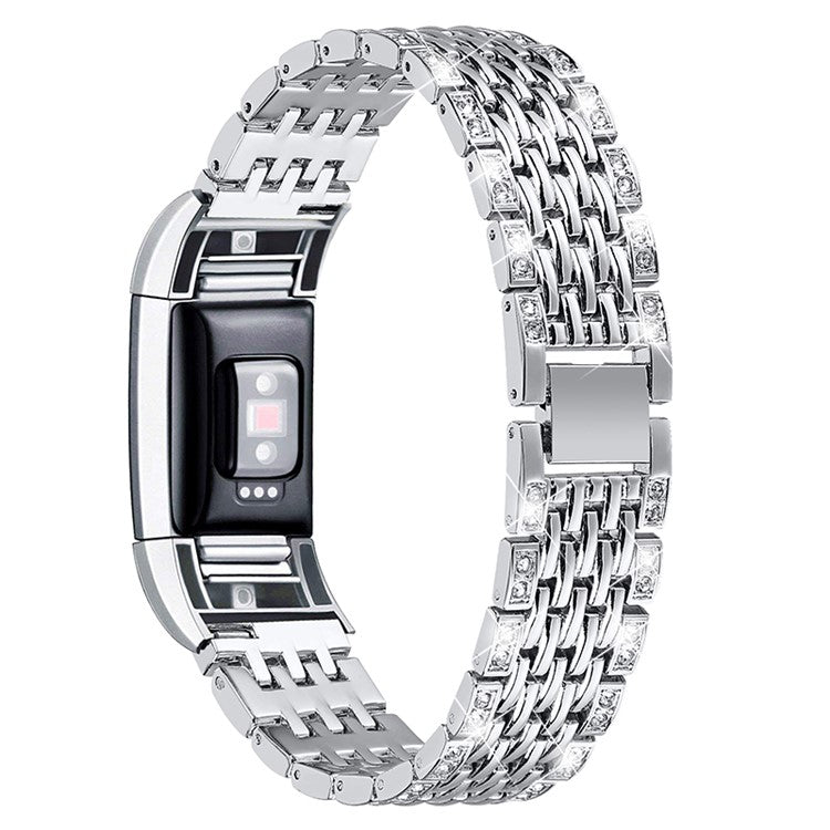 2 Rows Fashionable Rhinestones Decor Replacement Metal Watchband Wrist Strap for Fitbit Charge 2/Charge 2 HR - Silver