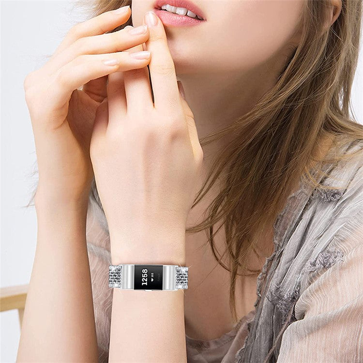 2 Rows Fashionable Rhinestones Decor Replacement Metal Watchband Wrist Strap for Fitbit Charge 2/Charge 2 HR - Silver