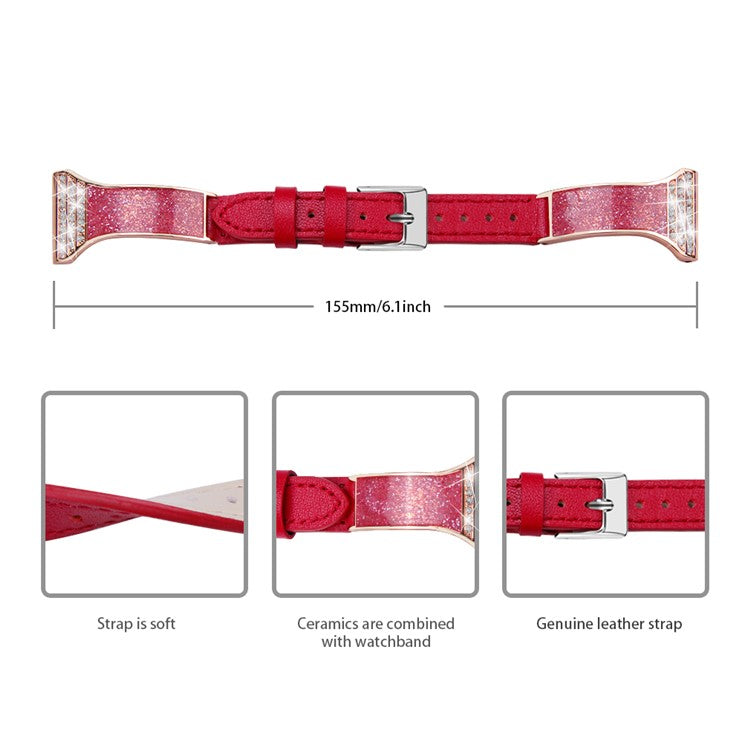 Rhinestones Decor Ceramic+Genuine Leather Watchband Wrist Strap for Garmin Vivoactive 4 - Red
