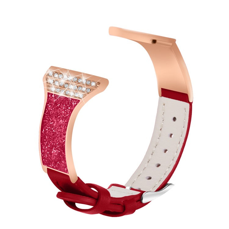 For Fossil Gen 5 Carlyle Rhinestones Decor Ceramic+Genuine Leather Wrist Strap Adjustable Watchband - Red