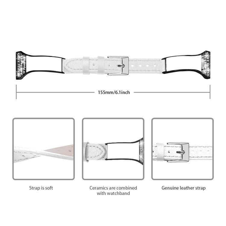 Ceramic+Genuine Leather Rhinestones Decor Adjustable Watchband for Fossil Gen 5 Julianna - White