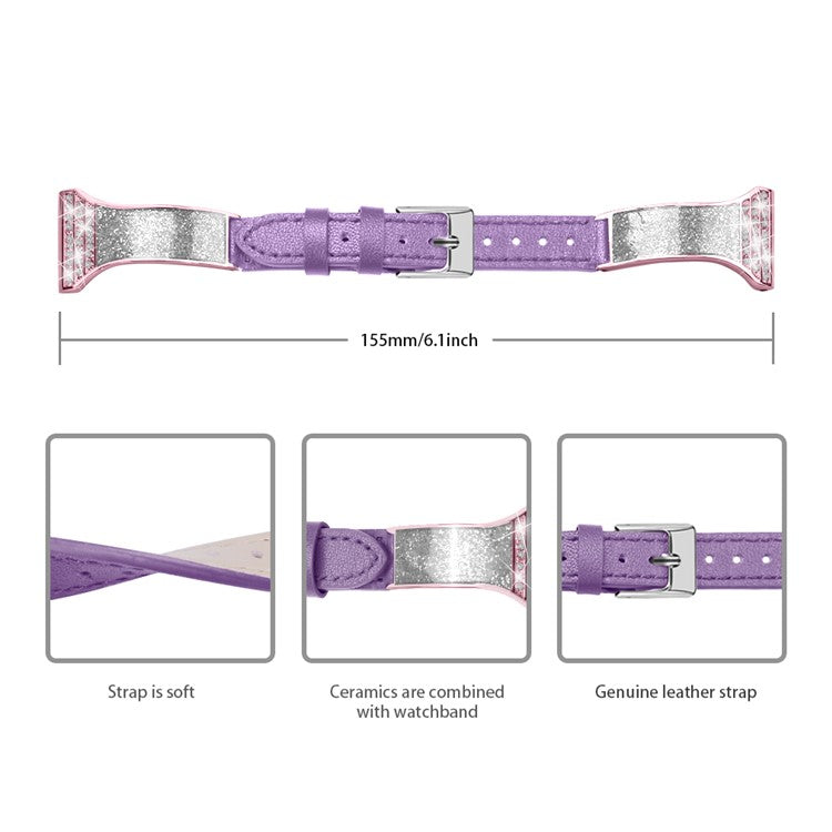 Ceramic+Genuine Leather Replacement Wrist Strap for Huami Amazfit GTR 47mm/Amazfit Pace with Rhinestones Decor - Purple