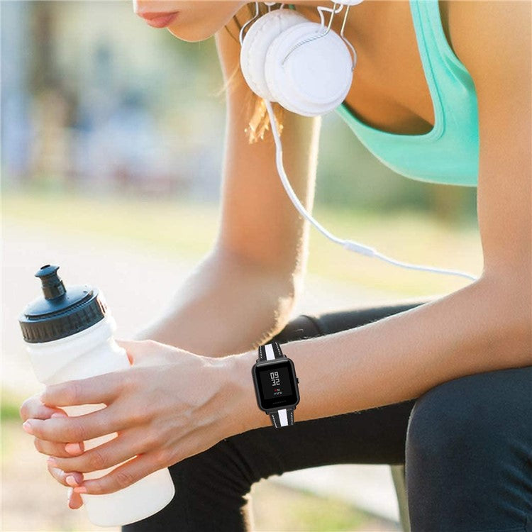 20mm Smart Watch Strap for Huami Amazfit GTS/Bip/Bip Lite Color Splicing Design Cowhide Leather Replacement Band - Black/White