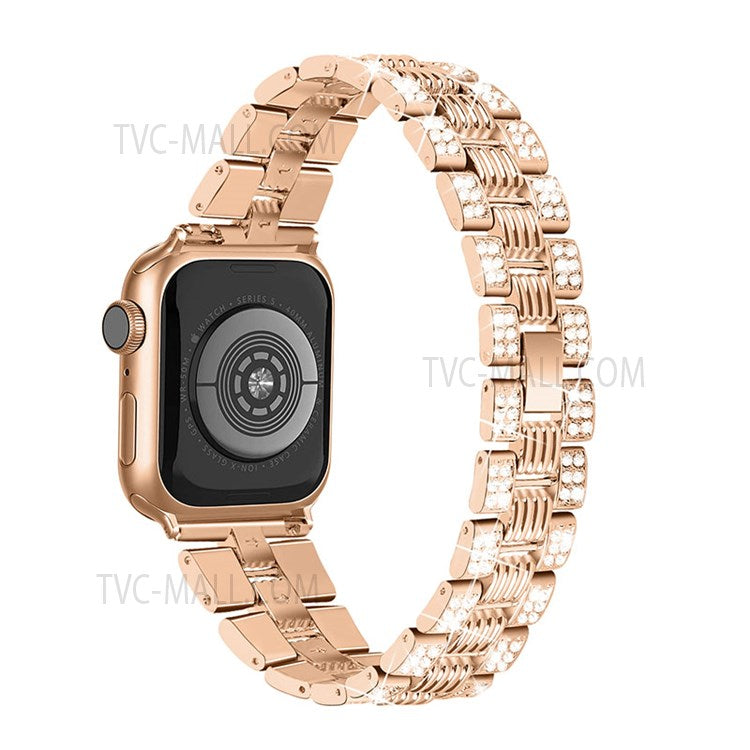 For Apple Watch Series 6 / 5 / 4 / SE 44mm / SE (2022) 44mm Stainless Steel Thread Design Watch Band + Shiny Rhinestone PC Watch Case Cover - Rose Gold / Rose Gold