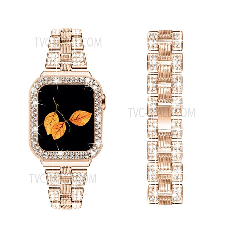 For Apple Watch Series 6 / 5 / 4 / SE 44mm / SE (2022) 44mm Stainless Steel Thread Design Watch Band + Shiny Rhinestone PC Watch Case Cover - Rose Gold / Rose Gold