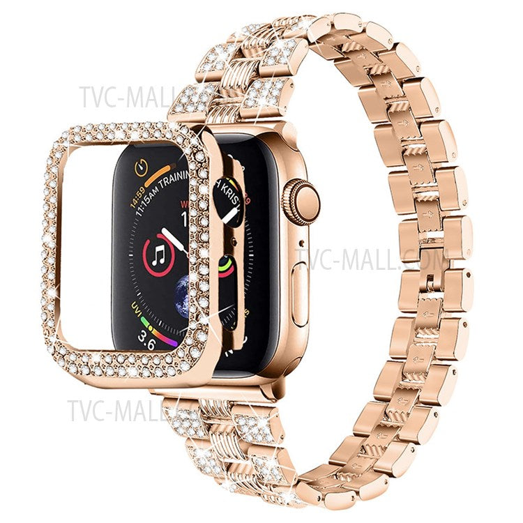 For Apple Watch Series 6 / 5 / 4 / SE 44mm / SE (2022) 44mm Stainless Steel Thread Design Watch Band + Shiny Rhinestone PC Watch Case Cover - Rose Gold / Rose Gold