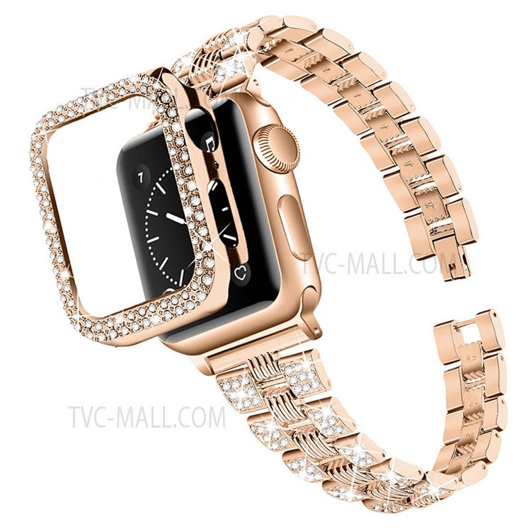 For Apple Watch Series 6 / 5 / 4 / SE 44mm / SE (2022) 44mm Stainless Steel Thread Design Watch Band + Shiny Rhinestone PC Watch Case Cover - Rose Gold / Rose Gold