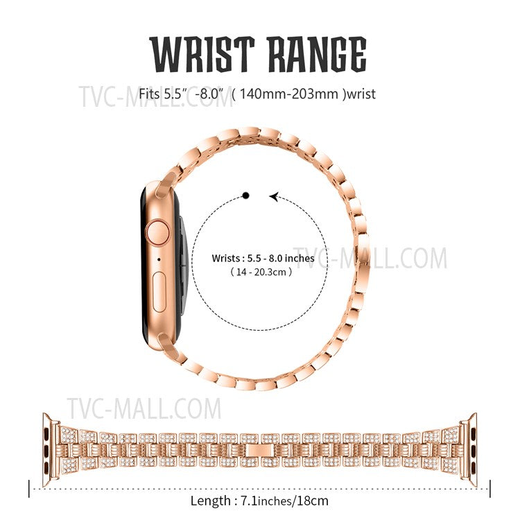 For Apple Watch Series 6 / 5 / 4 / SE 44mm / SE (2022) 44mm Stainless Steel Thread Design Watch Band + Shiny Rhinestone PC Watch Case Cover - Rose Gold / Rose Gold