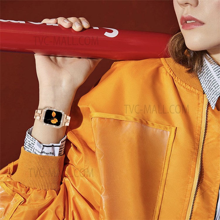 For Apple Watch Series 6 / 5 / 4 / SE 44mm / SE (2022) 44mm Stainless Steel Thread Design Watch Band + Shiny Rhinestone PC Watch Case Cover - Rose Gold / Rose Gold