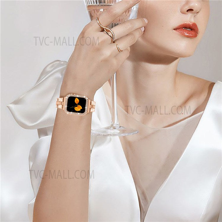For Apple Watch Series 6 / 5 / 4 / SE 44mm / SE (2022) 44mm Stainless Steel Thread Design Watch Band + Shiny Rhinestone PC Watch Case Cover - Rose Gold / Rose Gold