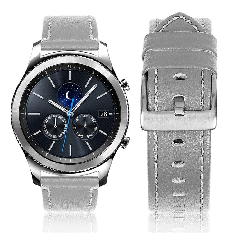 For TicWatch Pro/GTX Stainless Steel Buckle Durable Stylish Wrist Strap Cowhide Leather 22mm Universal Smart Watch Band - Grey