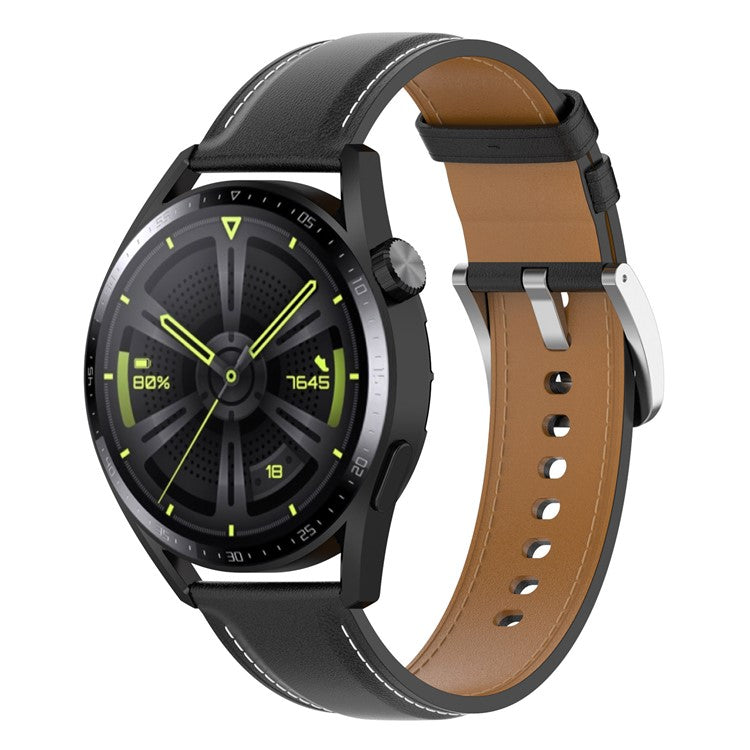 For Huawei Watch GT/Samsung Gear S3/Galaxy Watch 46mm Smart Watch Band 22mm Universal Stitching Line First Layer Cowhide Solid Color Strap - Black