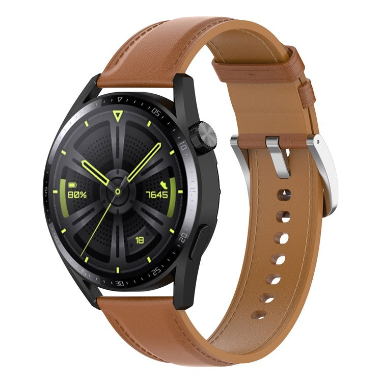 For Huawei Watch GT/Samsung Gear S3/Galaxy Watch 46mm Smart Watch Band 22mm Universal Stitching Line First Layer Cowhide Solid Color Strap - Light Brown
