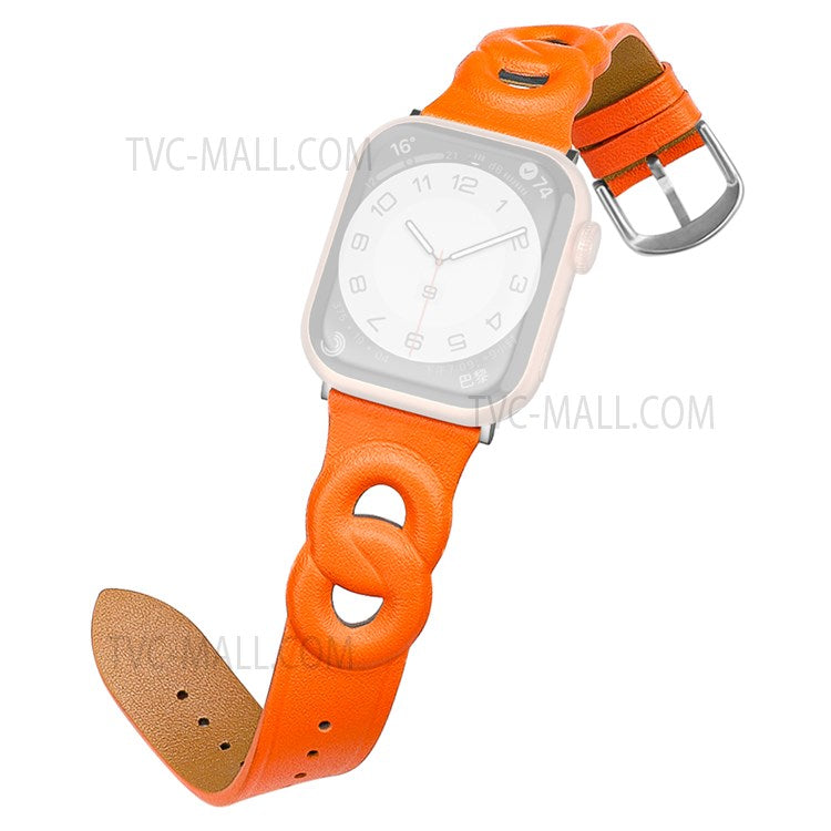 For Apple Watch Series 10 42mm / 9 8 7 41mm / 6 5 4 SE SE (2022) SE (2023) 40mm / 3 2 1 38mm Double Rings Design Genuine Leather Smart Watch Band Wrist Strap - Orange