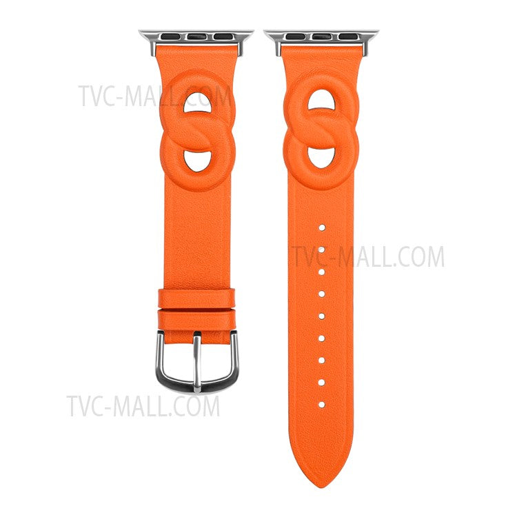 For Apple Watch Series 10 42mm / 9 8 7 41mm / 6 5 4 SE SE (2022) SE (2023) 40mm / 3 2 1 38mm Double Rings Design Genuine Leather Smart Watch Band Wrist Strap - Orange
