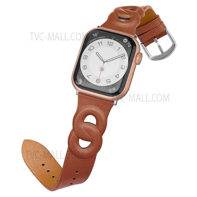 For Apple Watch Series 10 42mm / 9 8 7 41mm / 6 5 4 SE SE (2022) SE (2023) 40mm / 3 2 1 38mm Double Rings Design Genuine Leather Smart Watch Band Wrist Strap - Brown