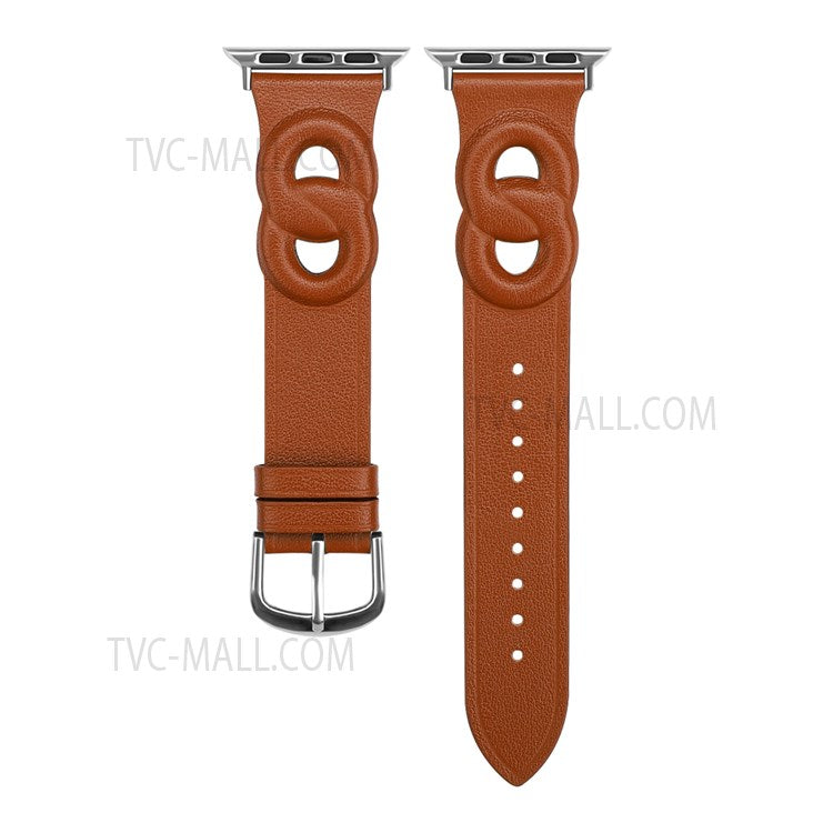 For Apple Watch Series 10 42mm / 9 8 7 41mm / 6 5 4 SE SE (2022) SE (2023) 40mm / 3 2 1 38mm Double Rings Design Genuine Leather Smart Watch Band Wrist Strap - Brown