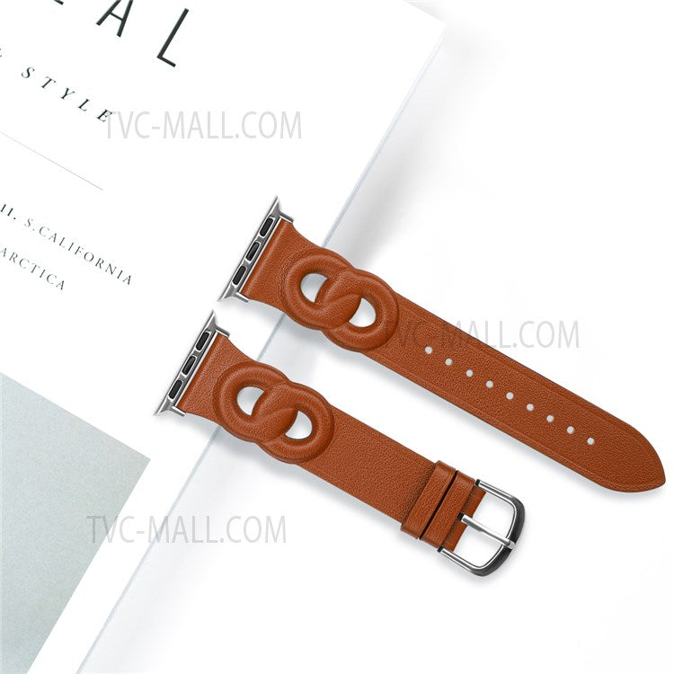 For Apple Watch Series 10 42mm / 9 8 7 41mm / 6 5 4 SE SE (2022) SE (2023) 40mm / 3 2 1 38mm Double Rings Design Genuine Leather Smart Watch Band Wrist Strap - Brown