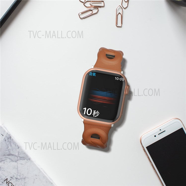 For Apple Watch Series 10 42mm / 9 8 7 41mm / 6 5 4 SE SE (2022) SE (2023) 40mm / 3 2 1 38mm Double Rings Design Genuine Leather Smart Watch Band Wrist Strap - Brown