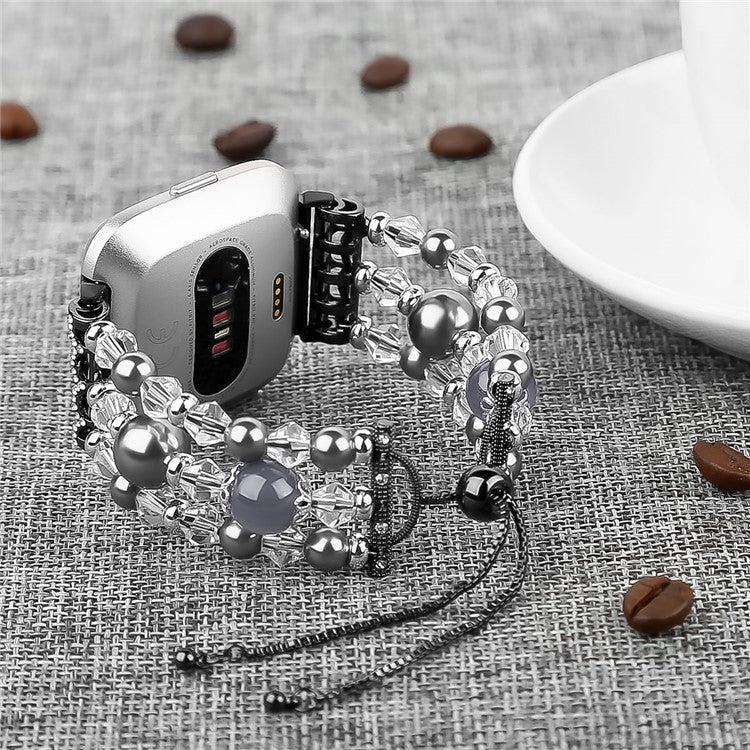 For Fitbit Versa/Versa 2/Versa Lite Fashion Agate Crystal Beads Slide Bracelet Watch Band Replacement for Women - Black