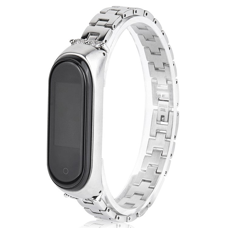 For Xiaomi Mi Band 3/4 Bling Rhinestone Decorative Smart Watch Stainless Steel Chain Watch Strap Metal Watchband - Silver