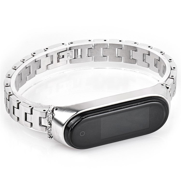 For Xiaomi Mi Band 3/4 Bling Rhinestone Decorative Smart Watch Stainless Steel Chain Watch Strap Metal Watchband - Silver