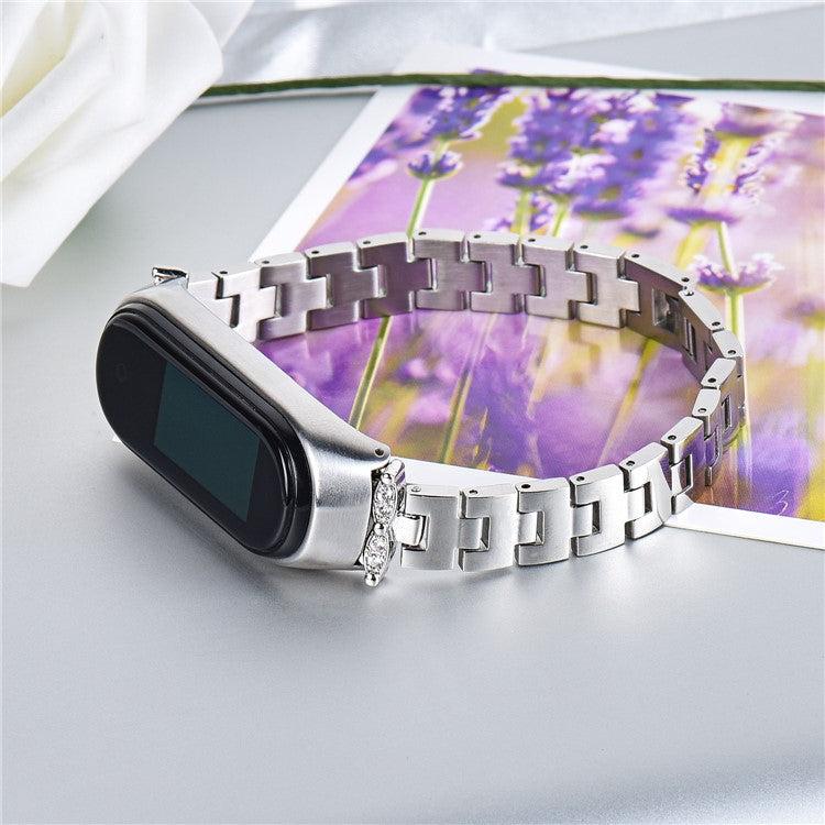 For Xiaomi Mi Band 3/4 Bling Rhinestone Decorative Smart Watch Stainless Steel Chain Watch Strap Metal Watchband - Silver